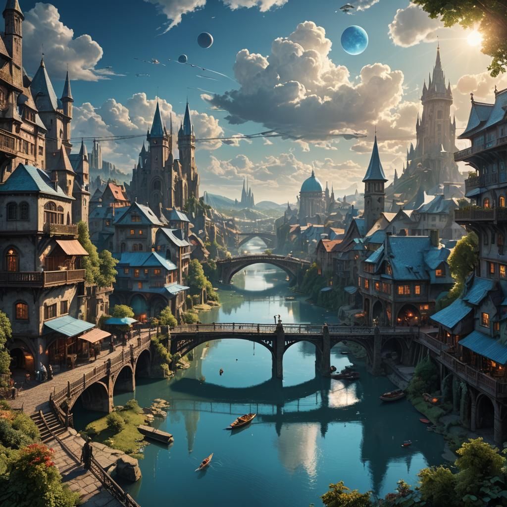 Quaint Cityscape with Multi-Level Bridges and Blue Sun