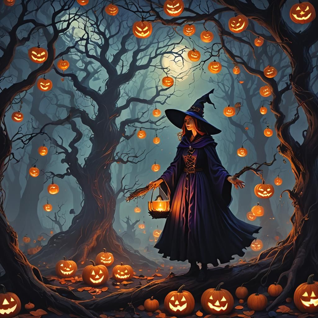 Mystical Witch Conjuring Spell in Misty Halloween Forest