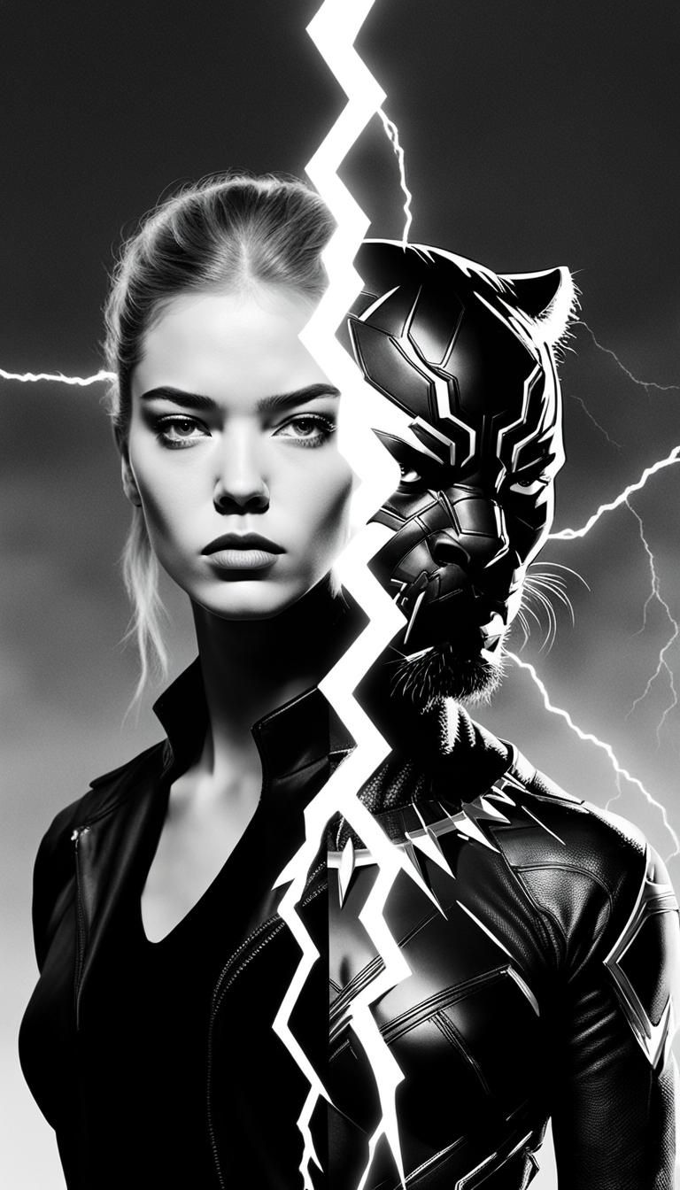 Minimalist Collage: White Rebel, Black Panther, Lightning