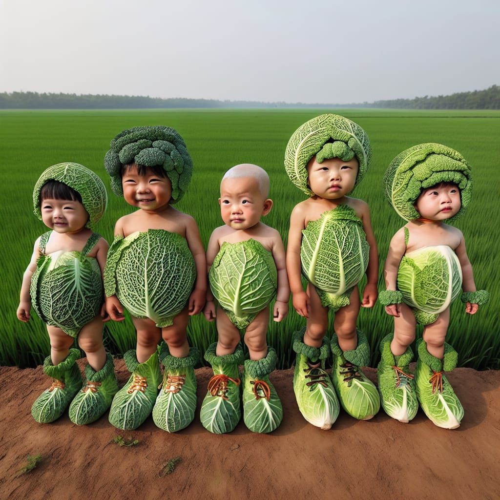 Children Transformed into Cabbage Heads in Field