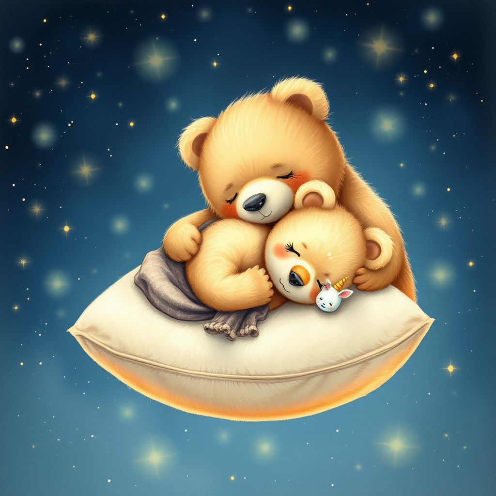 Baby Bear Asleep in Starry Sky
