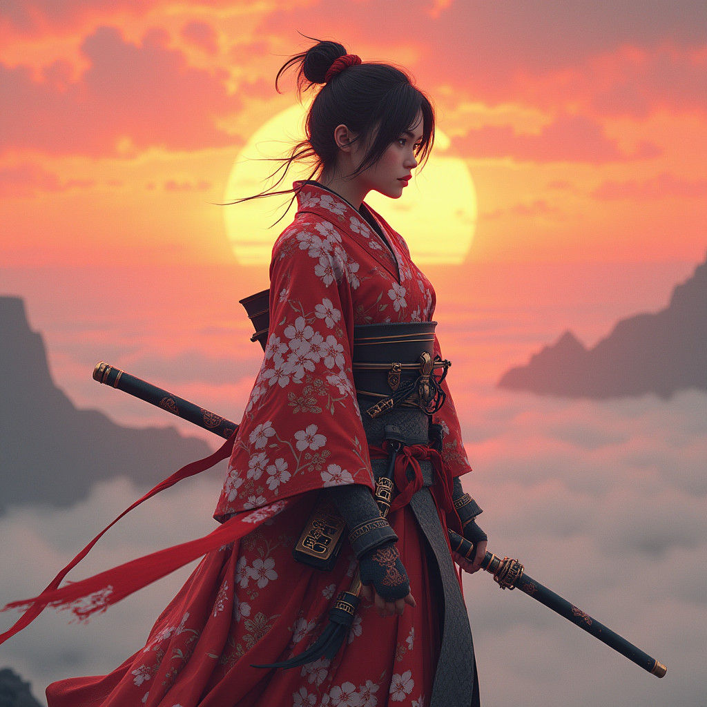 Heroic Female Samurai in Ornate Cherry Blossom Armor