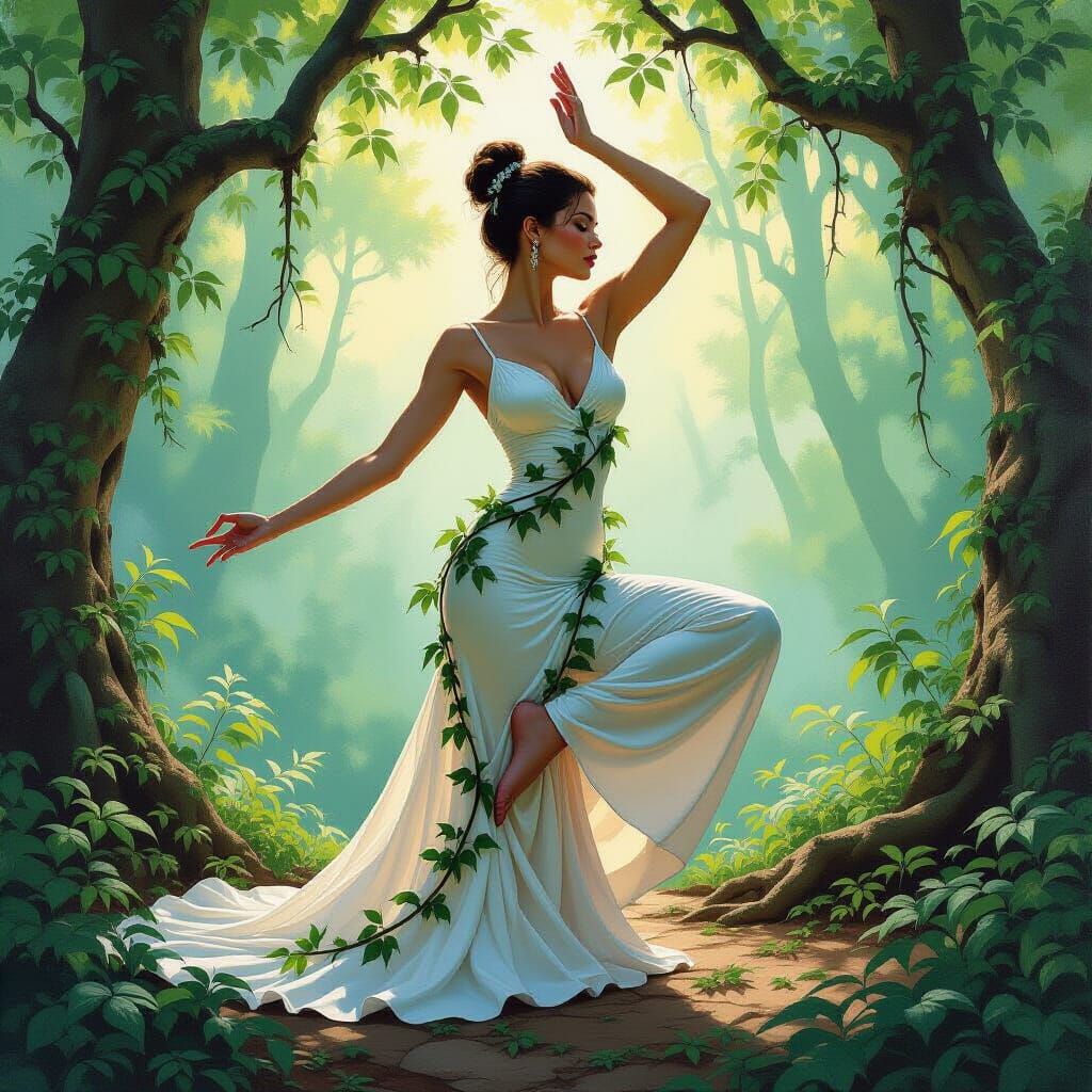 Fashion Model in Living Vines: Alla Prima Oil Painting