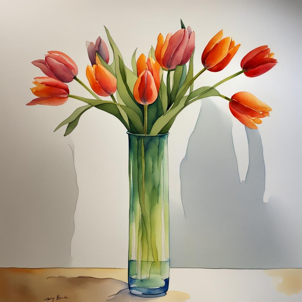 Tulips in Glass Vase: Bukovnik-Style Watercolor