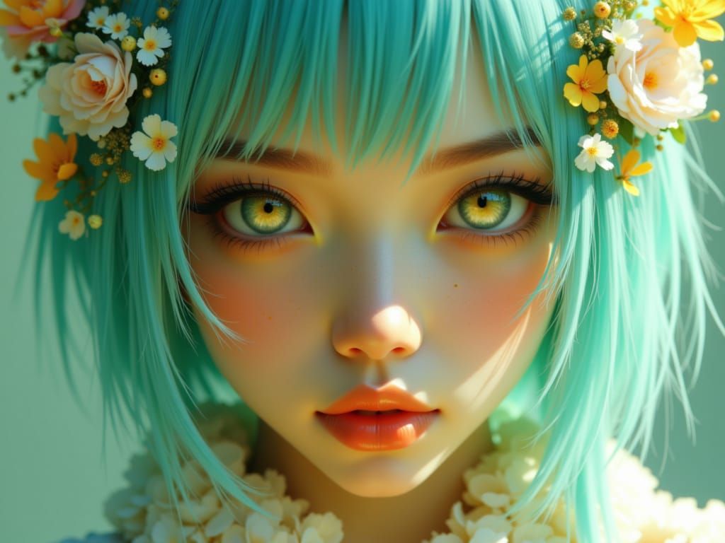 K-Pop Idol with Glowing Teal Hair and Golden Eyes