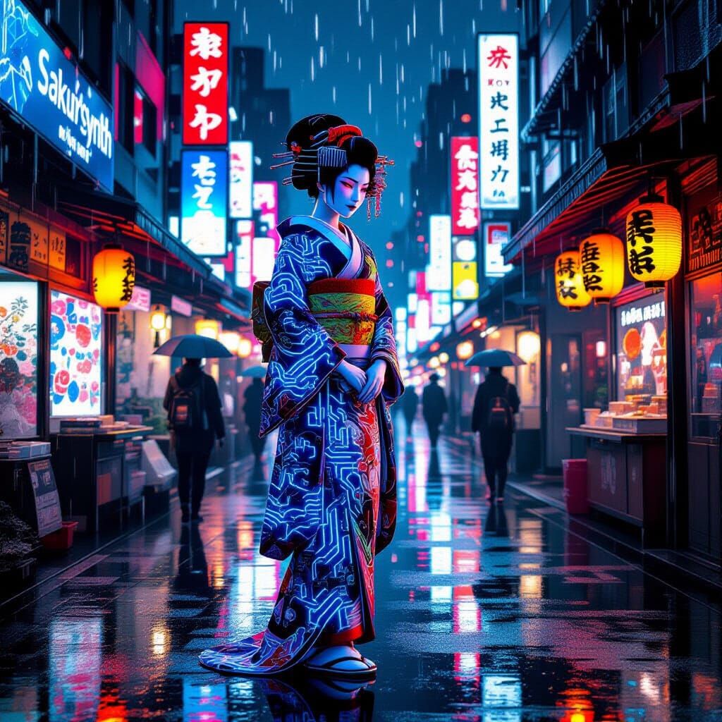 Cybernetic Geisha in Neon Tokyo Street Market