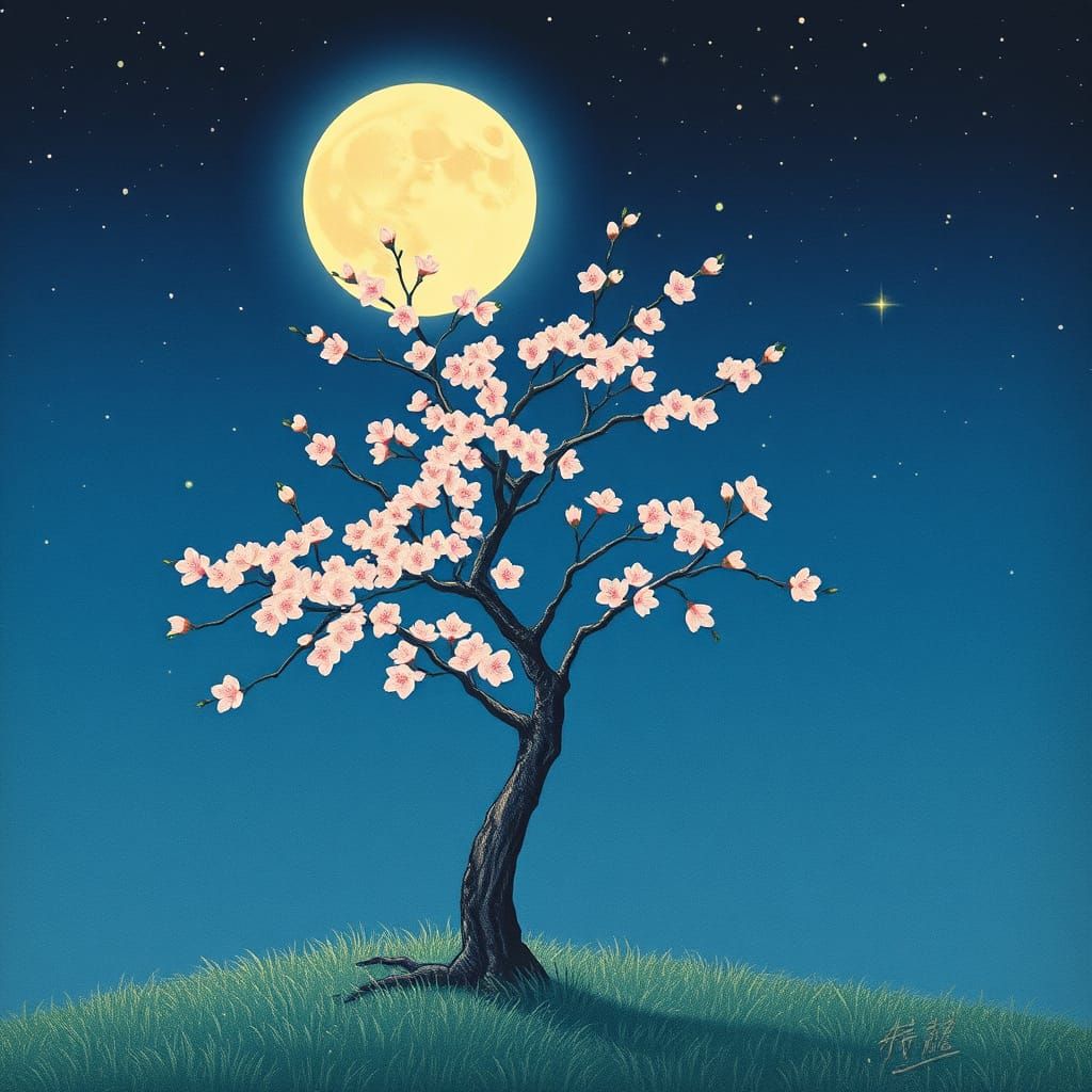 Solitary Sakura Tree Under Full Moon in Ukiyo-e Style