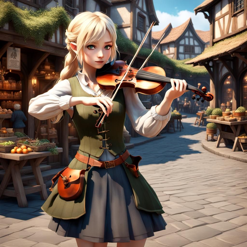 Hobbit Girl Plays Violin: Anime-Inspired 3D Art