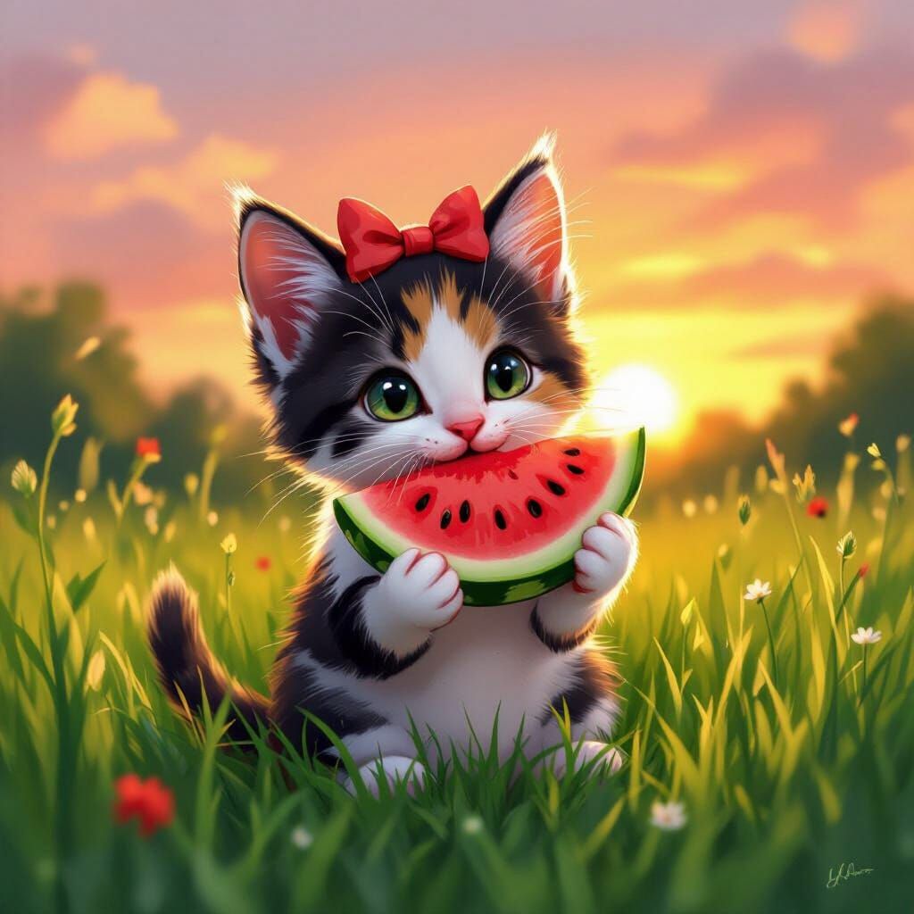 Calico Kitten's Sunset Picnic: Whimsical Art