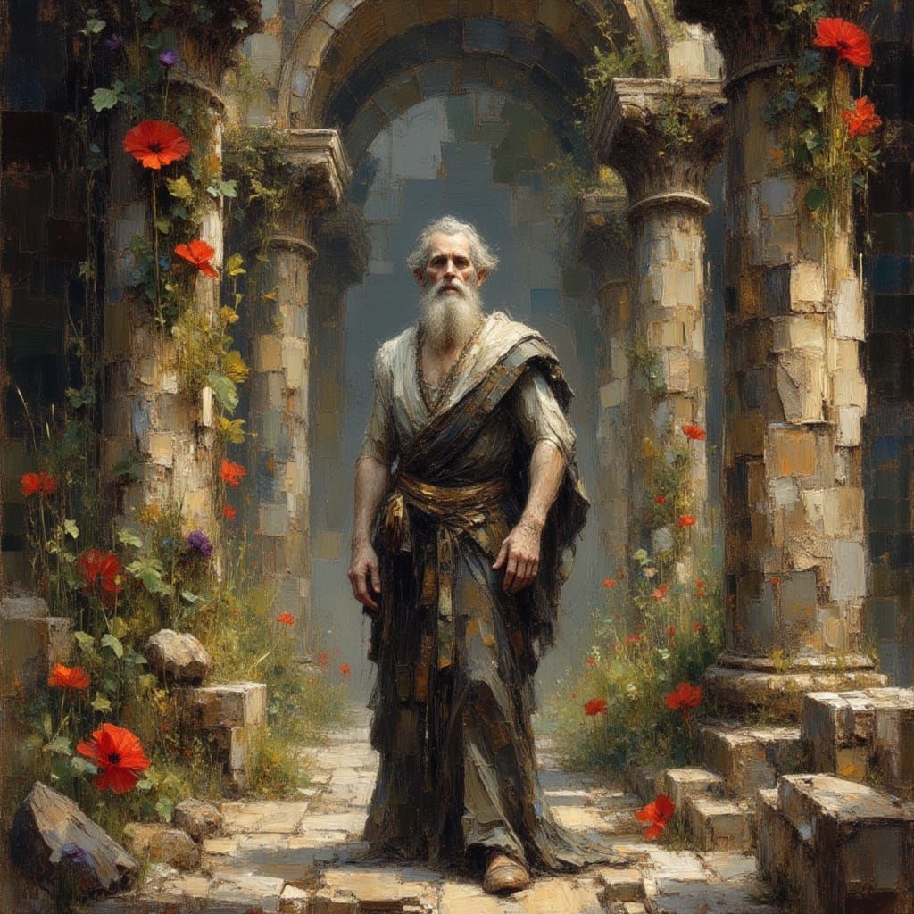 Bewildered Philosopher in Gothic Ruins, Storybook Illustrati...