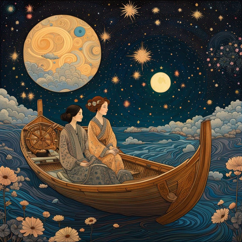 Galactic Boat Ride in Japanese Woodblock Style