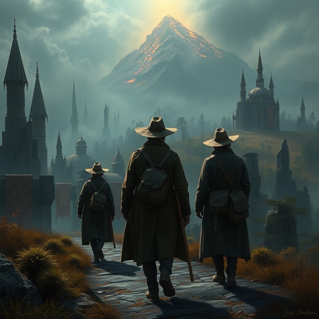 Mysterious Travelers Journey Through Ruined Landscape