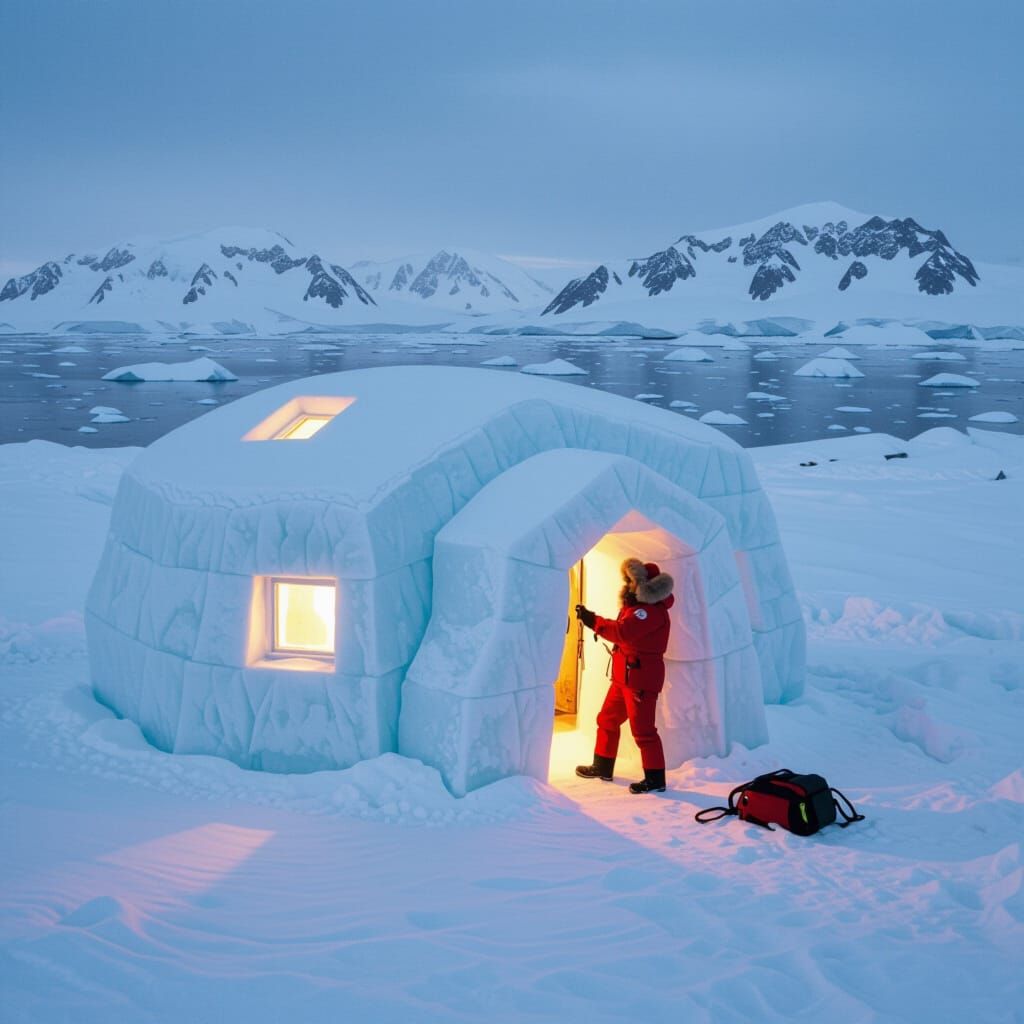 Eskimo Igloo Built in Stark Antarctic Ice Landscape