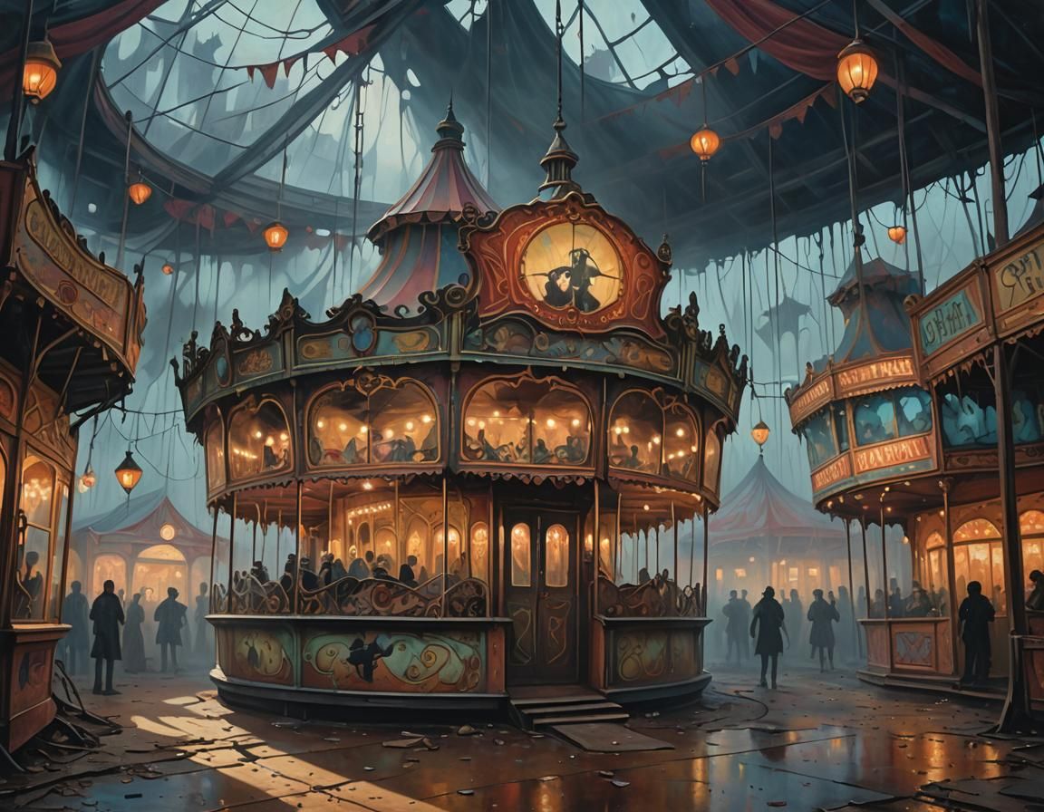 Eerie Surrealism: Spooky Funhouse at Deserted Carnival