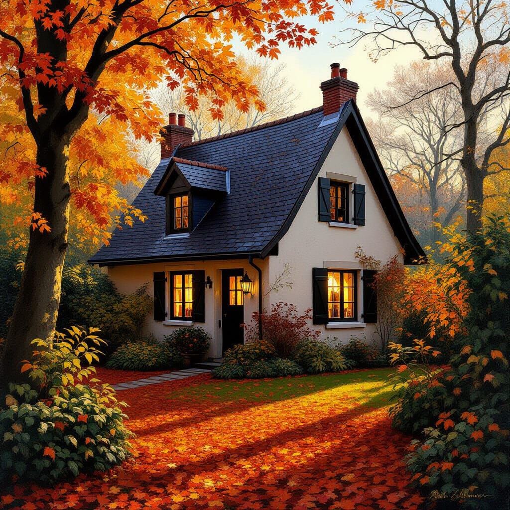 Cozy Autumn Cottage Amidst Vibrant Fall Trees