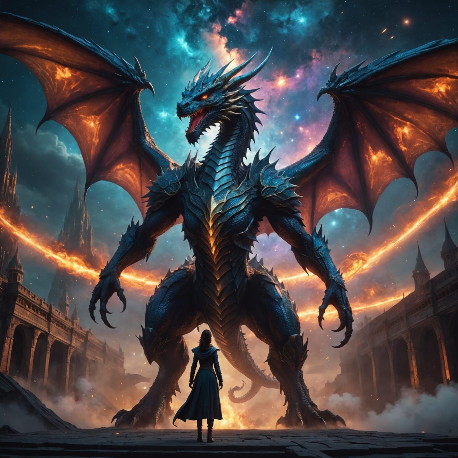 Winged Woman Confronts Galaxy Dragon: Fantasy Arena