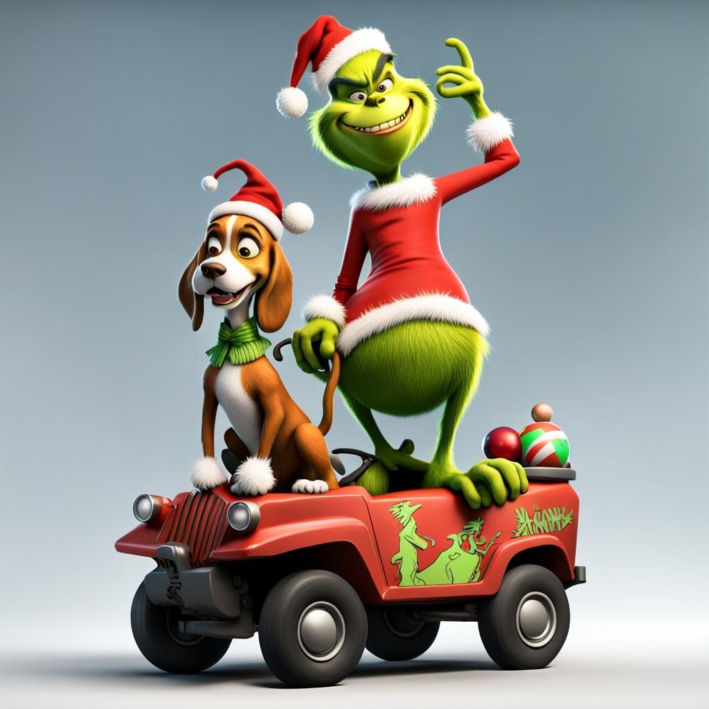 Grinch and Max 3D Render on Military Vehicle