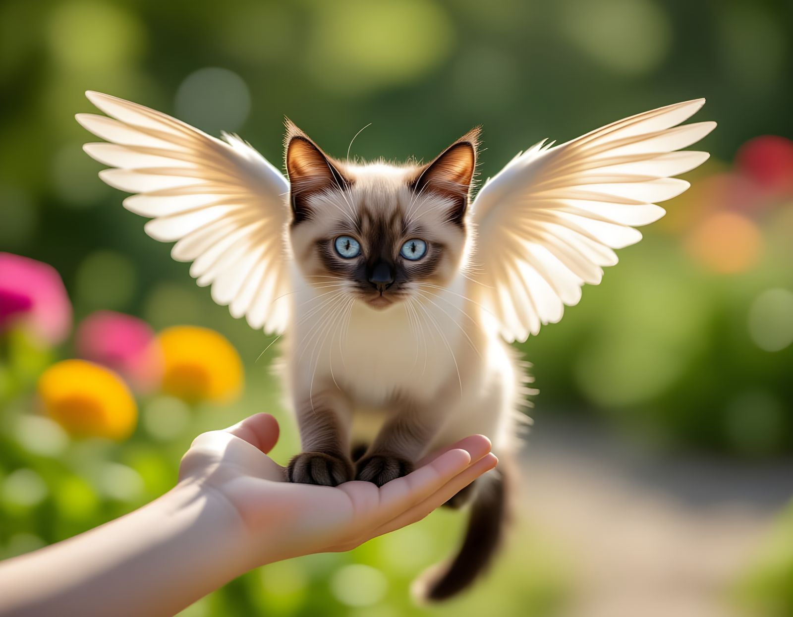 Winged Siamese Cat Landing in a Flower Garden