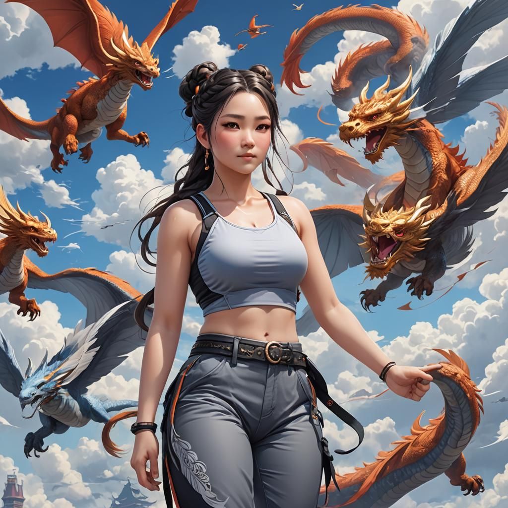 Chinese Woman Sky Surfing with Dragons: Anime Art