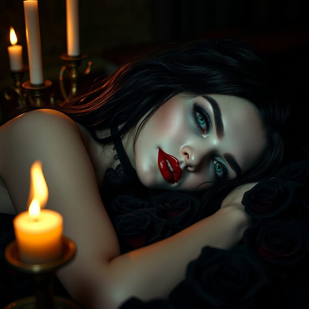 Mysterious Vampiress on Roses, in Gothic Style