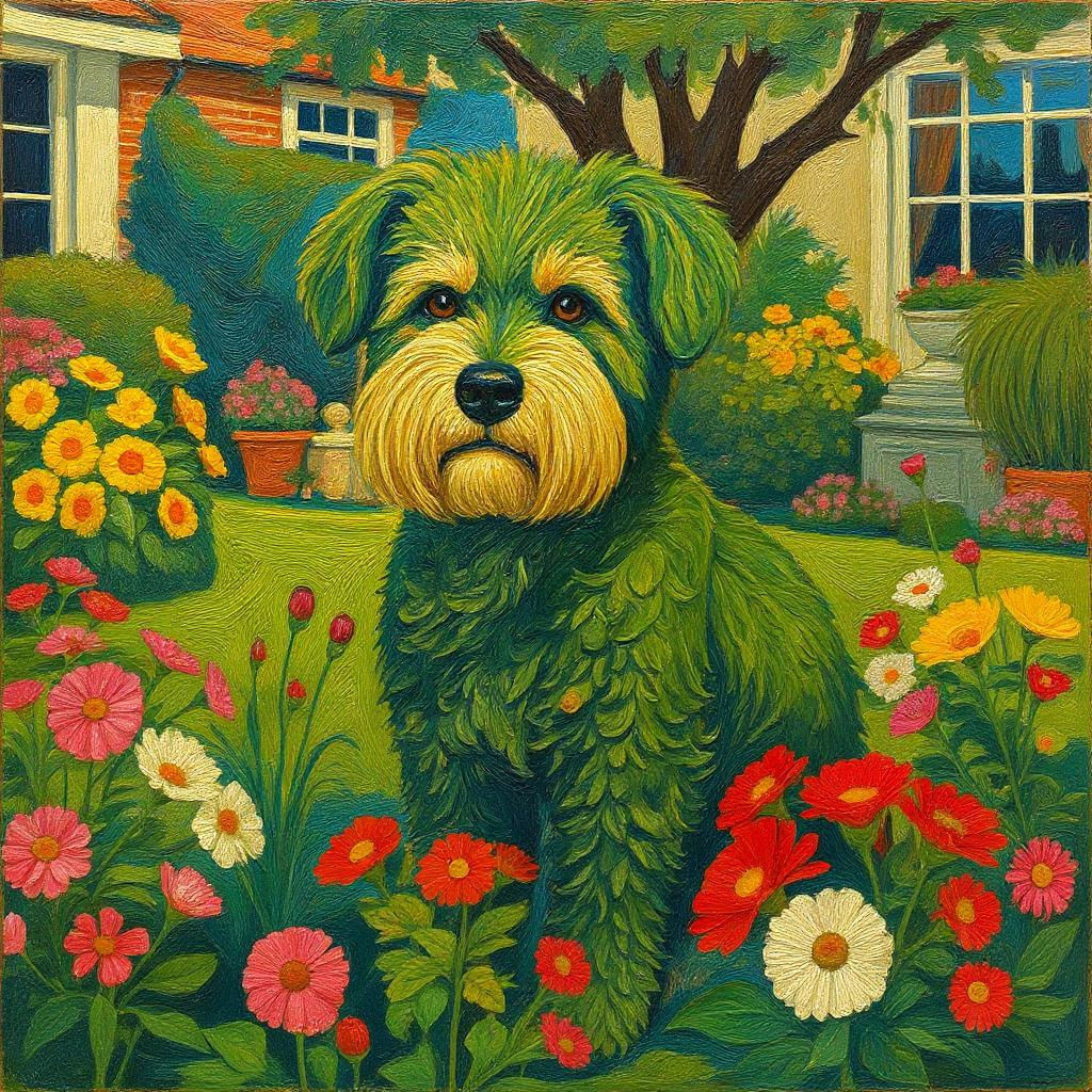 Buxus Dog in English Garden: Oil on Canvas