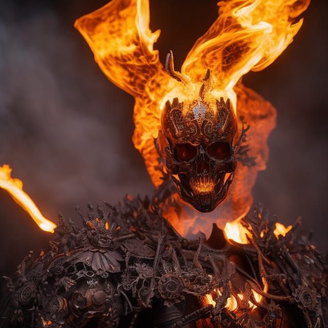 Flaming Skull Ghost Rider in Maximalist Style