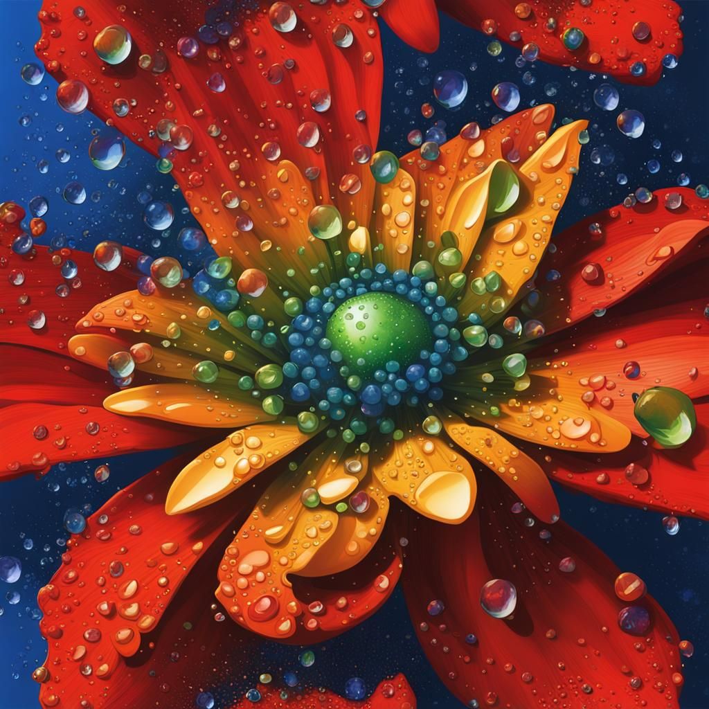 Hyperrealistic Dew Drops on Red and Blue Flowers