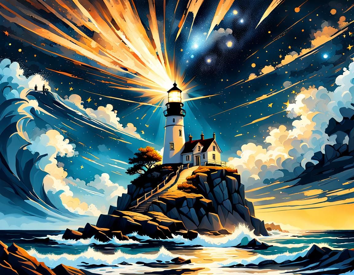 Lighthouse Under Starry Sky, Fantasy Concept Art