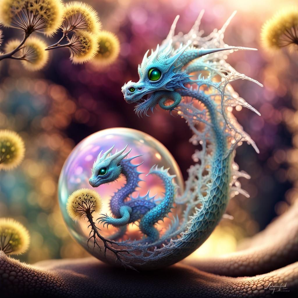 Newborn Dragon with Elf Mother in Opalescent Fractal Art