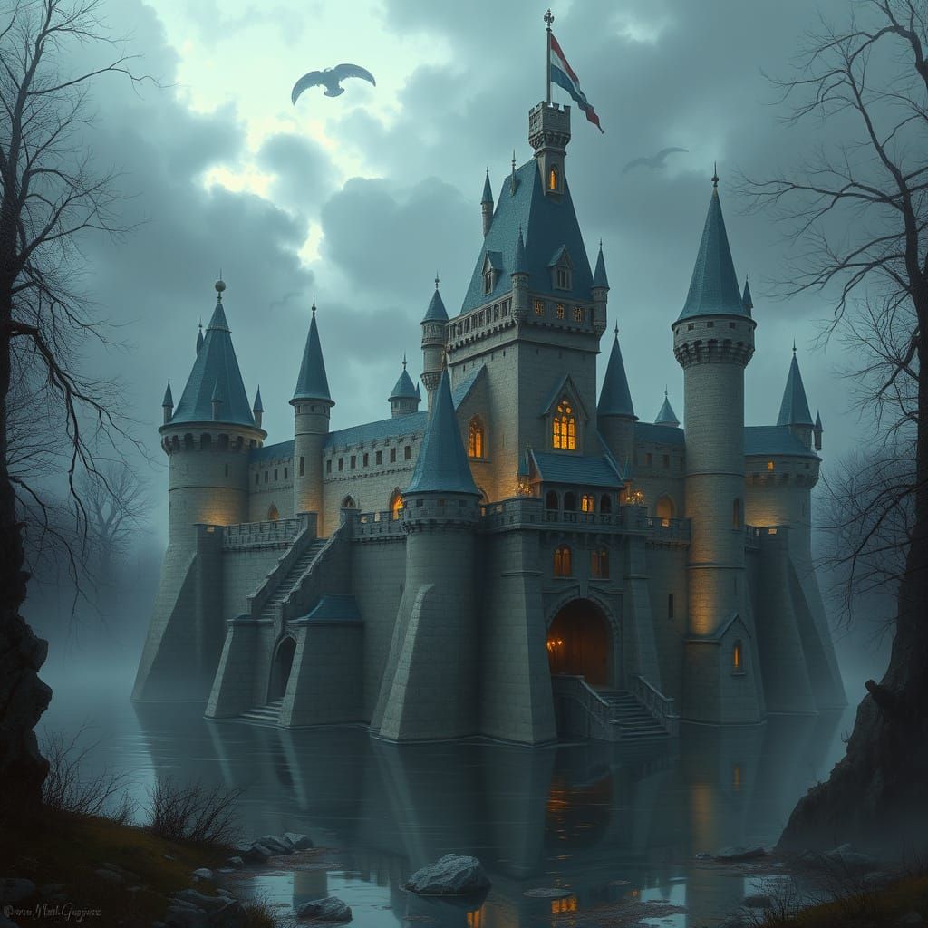 Medieval Castle with Moat in Fantasy Art Style