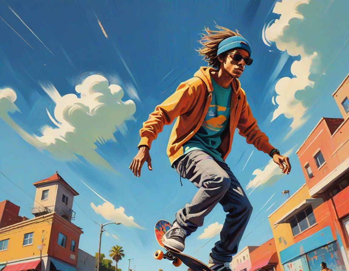 Skateboarder in Motion: Gouache Street Photography