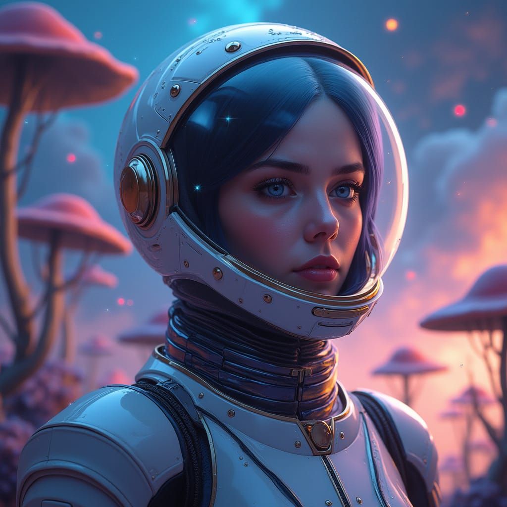 High-Tech Space Explorer Surrounded by Alien Bioluminescence