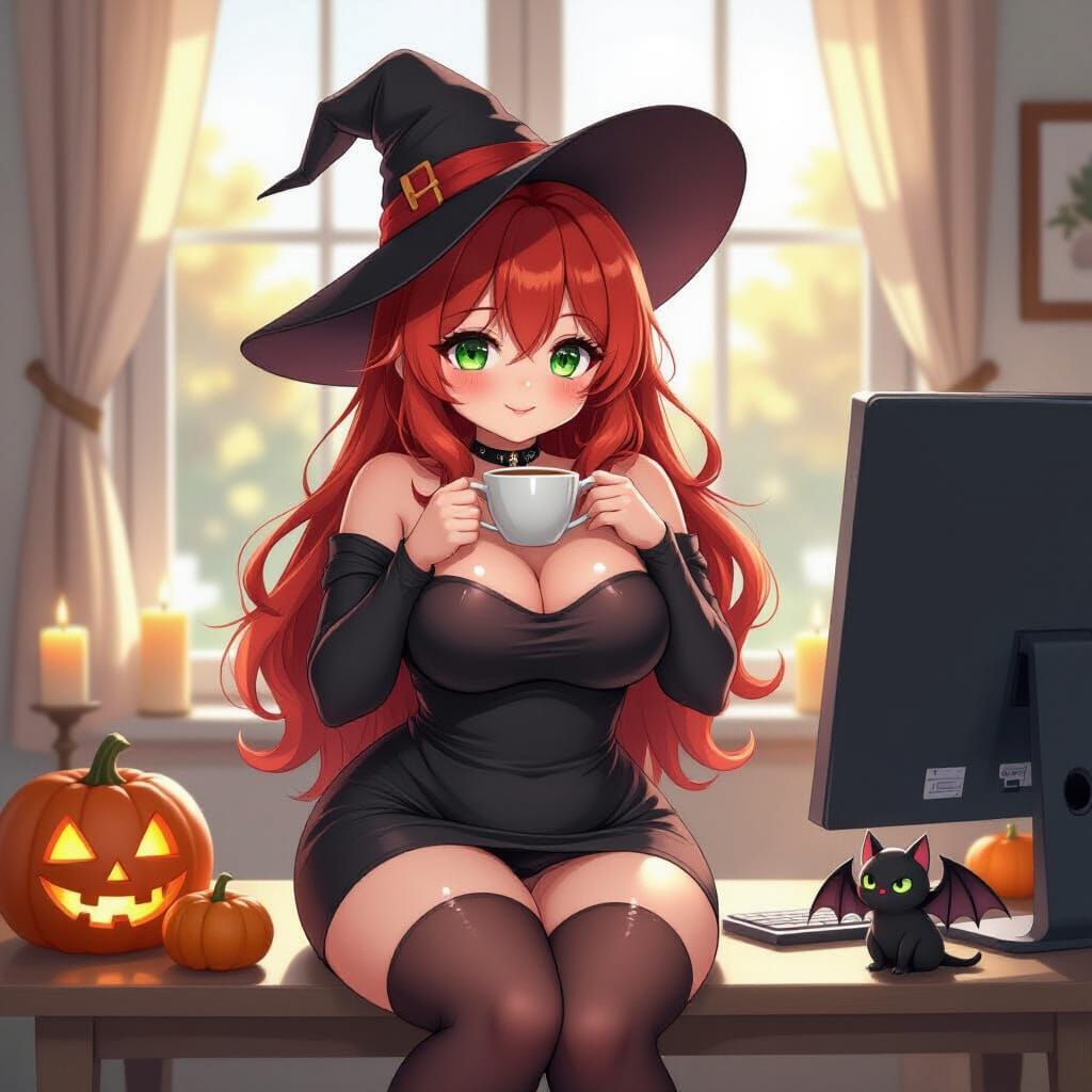 Anime Woman in Witch Hat with Coffee, Morning Sunlight