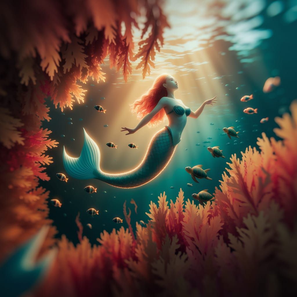 Mermaid Gliding Through Kelp Forest in Sunlight