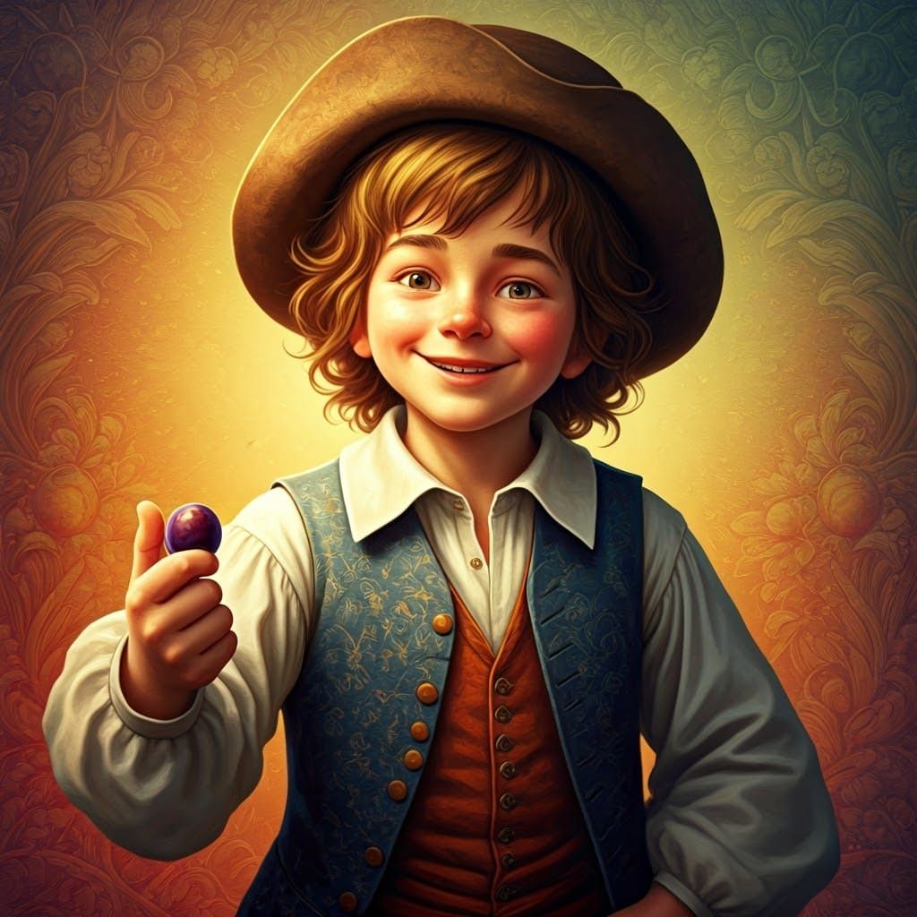 Vibrant 17th-Century Boy Plucks Plum from Thumb in Hyperreal...