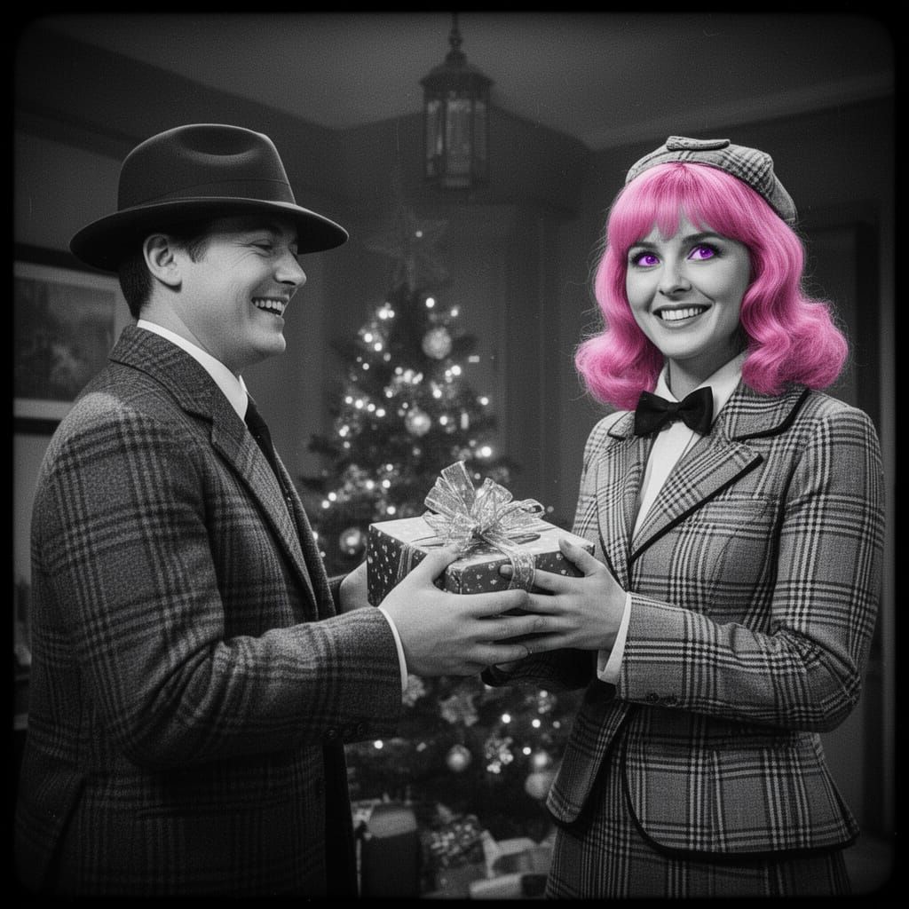 Noir Detective Exchanging Christmas Gift in Cinematic Style
