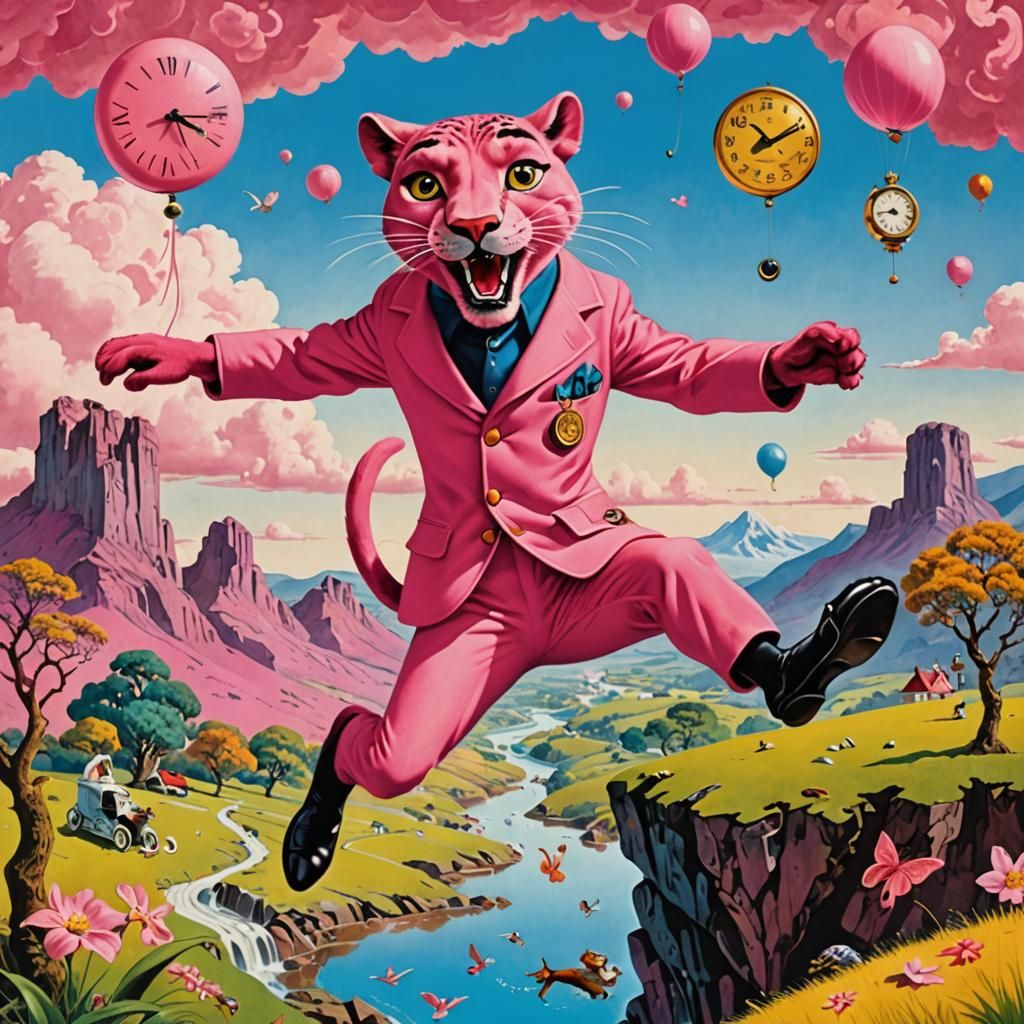 Pink Panther Leaps Through Surreal Pop Art Landscape