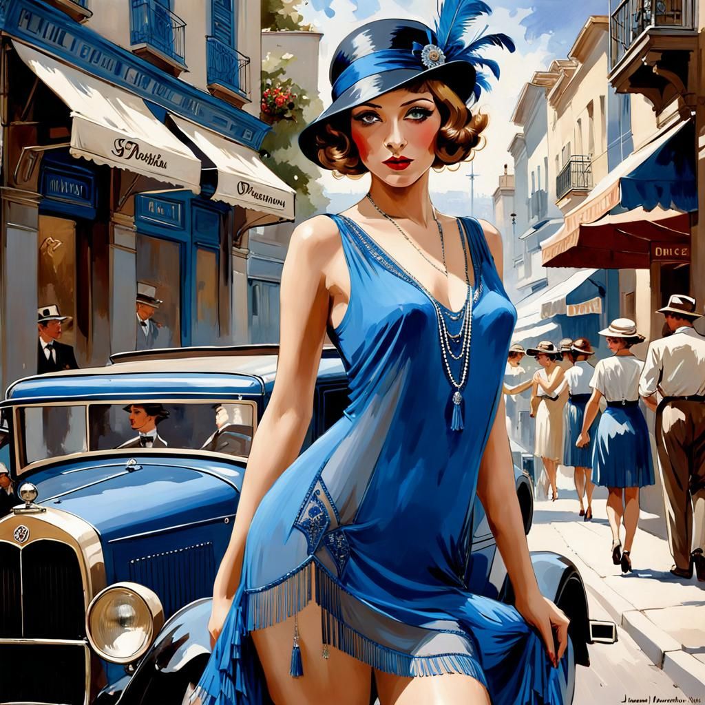 Elegant Flapper in Blue Dress, 1920s Fashion