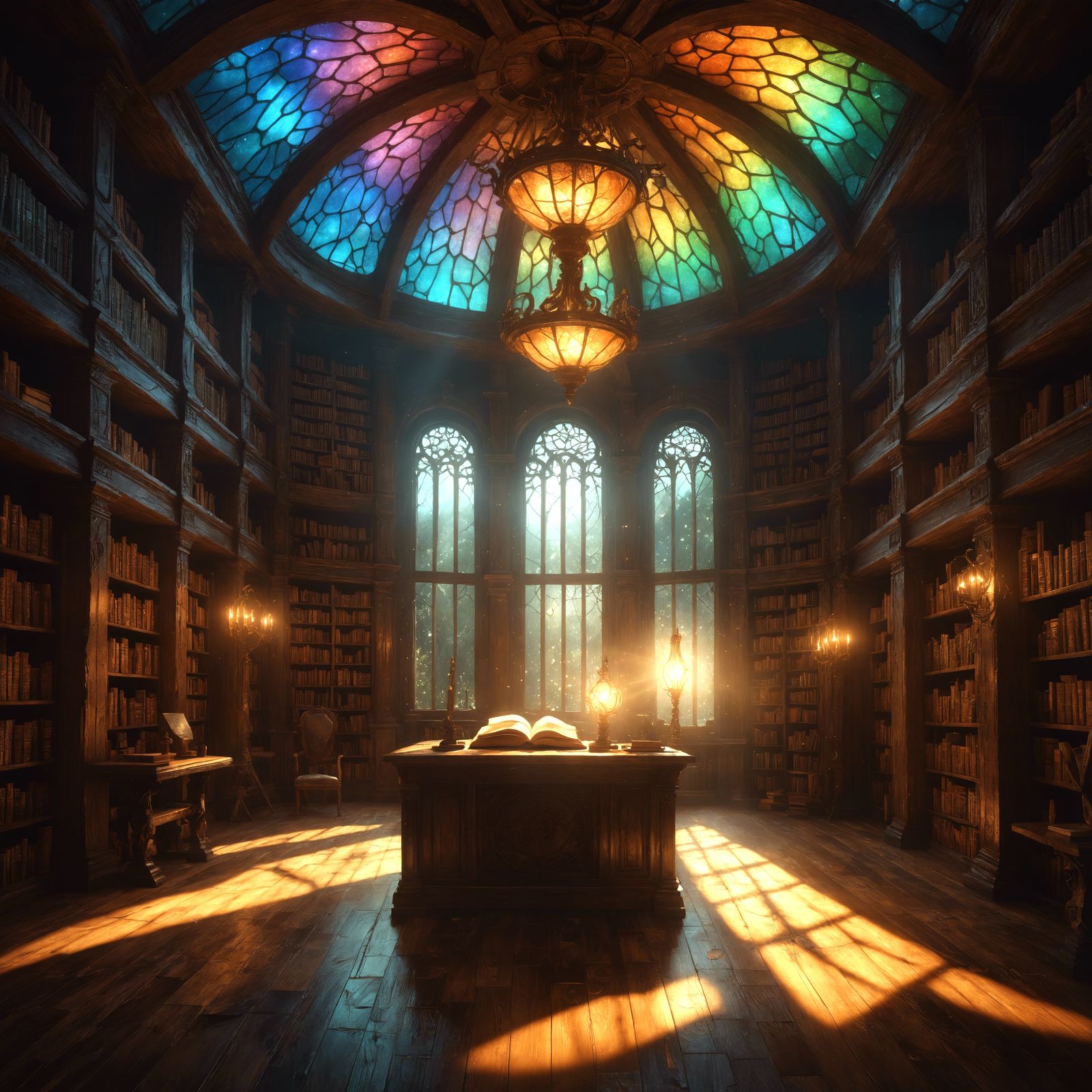 Ethereal Library with Mythical Being, Dark Fantasy Concept A...