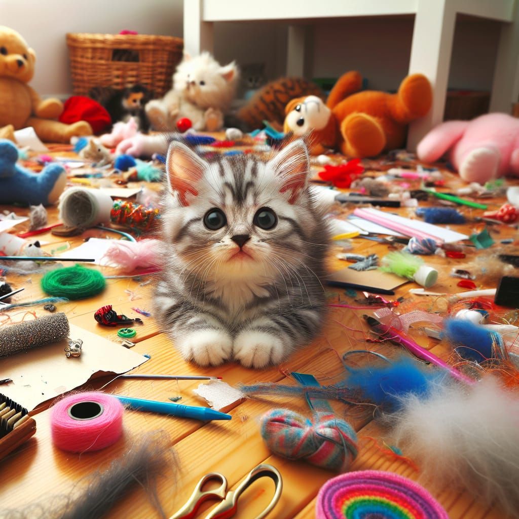 Whimsical Kitten Amidst Vibrant Chaos