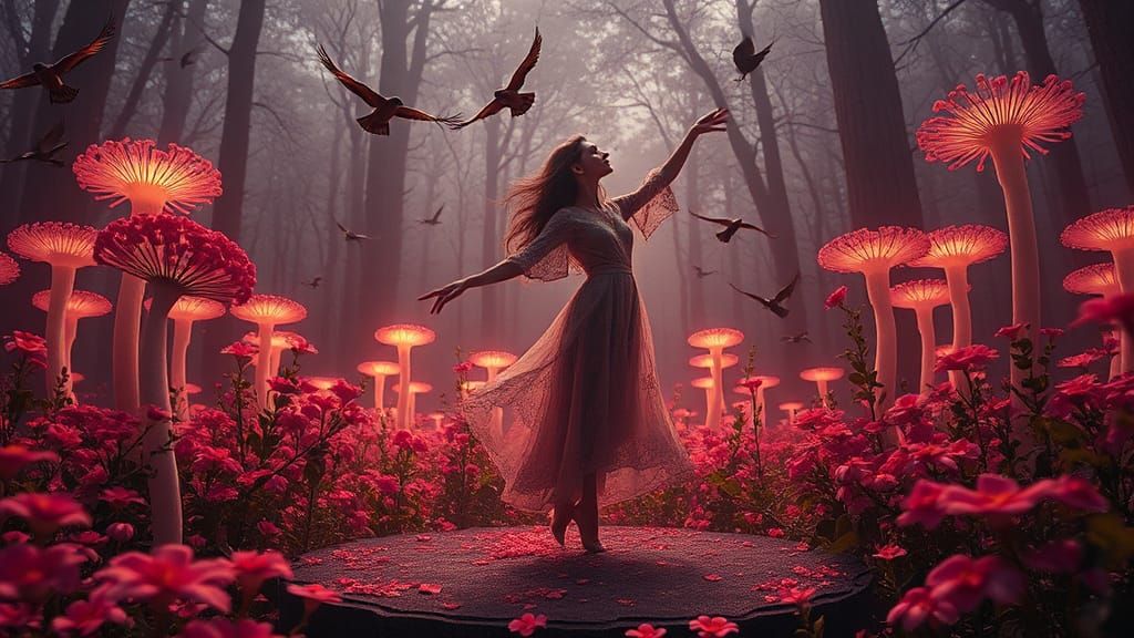 Woman Dancing with Birds in a Flower Network