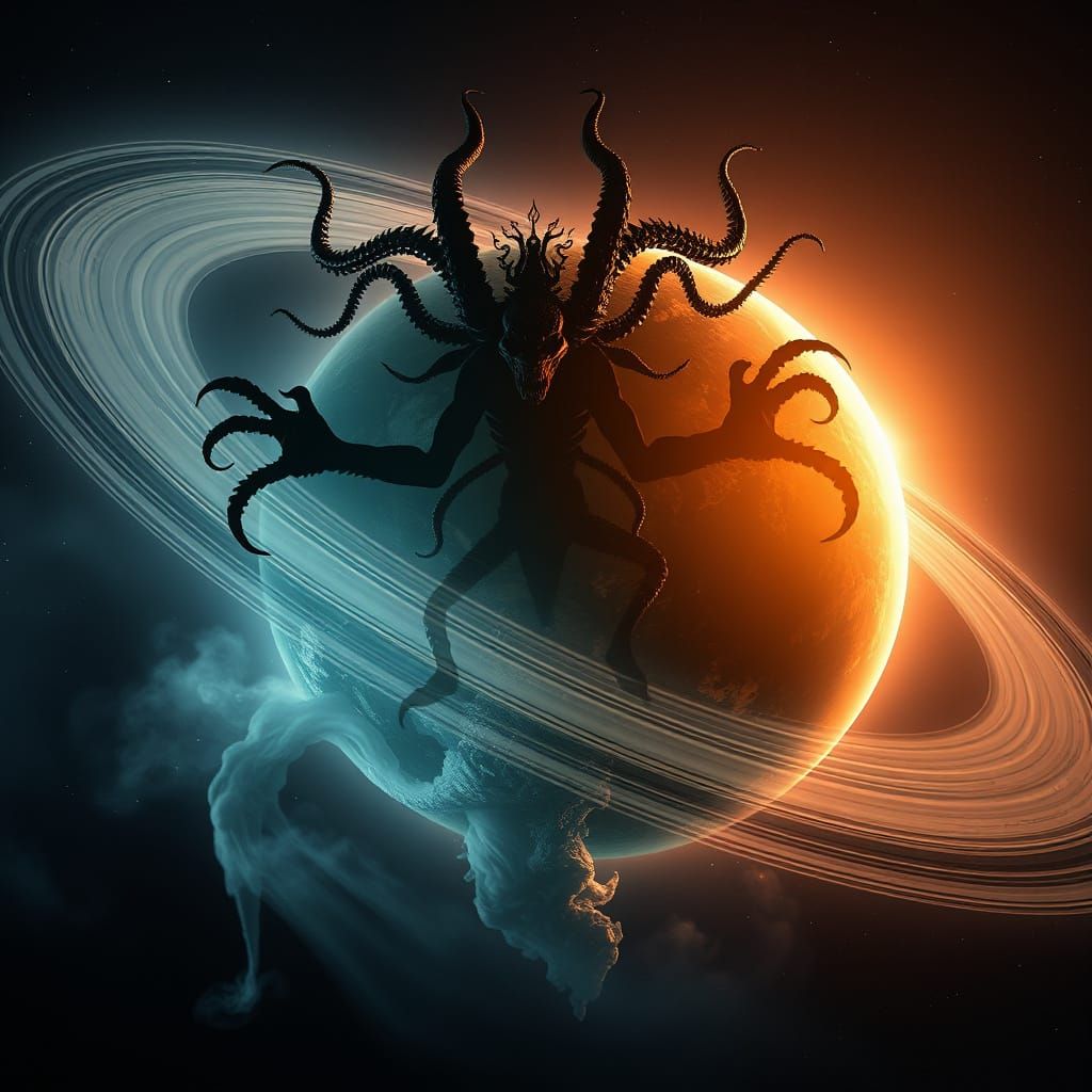 Double exposure: Xenomorph Djinn overlaying a giant gas planet with hairy rings. Liquid gravity, Event horizon, Holograp...