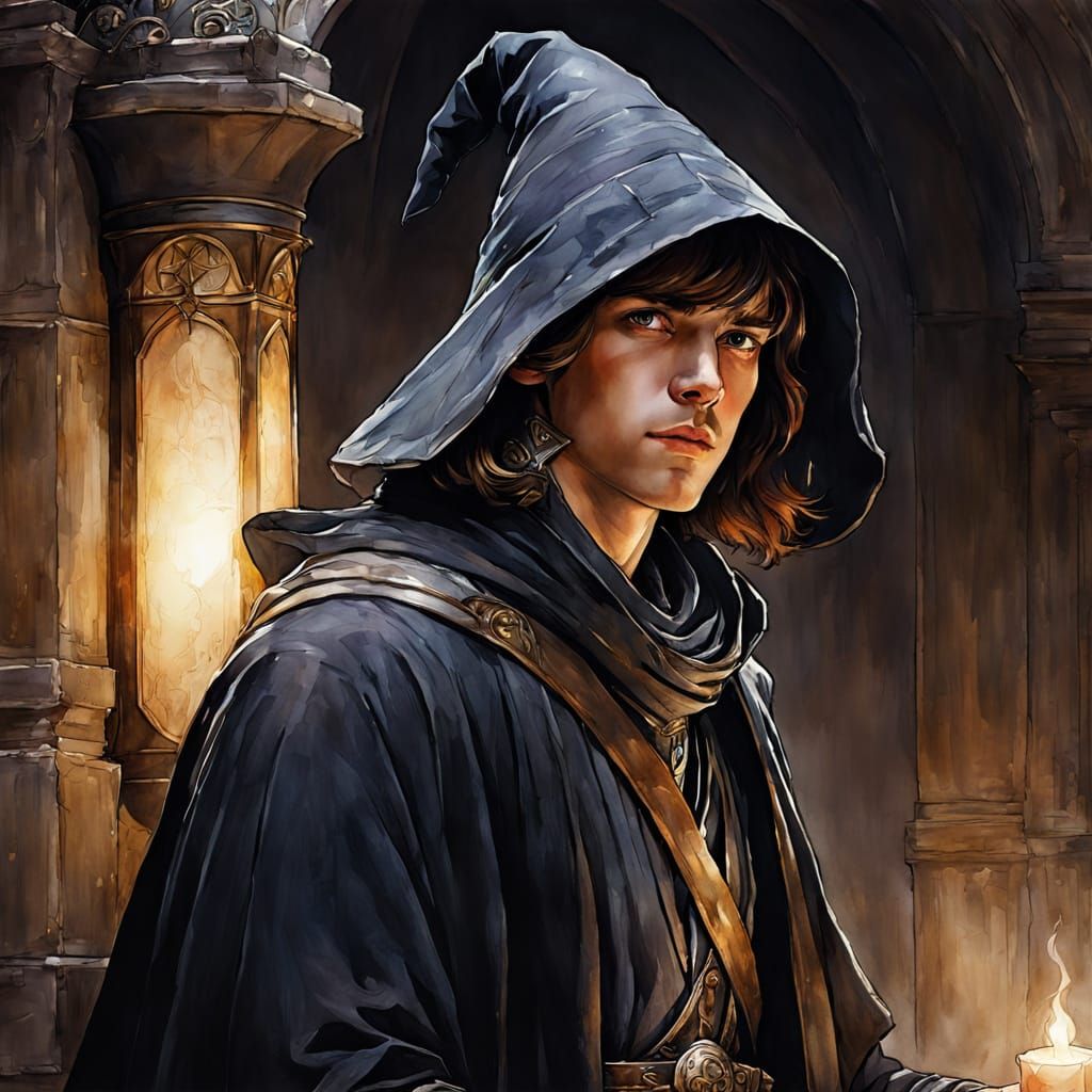 Boy Wizard in Watercolor Chiaroscuro Style