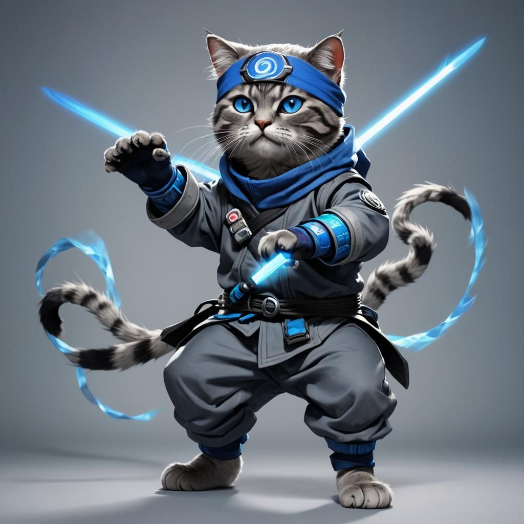 Ninja Cat with Sharingan Eyes Emitting Blue Light