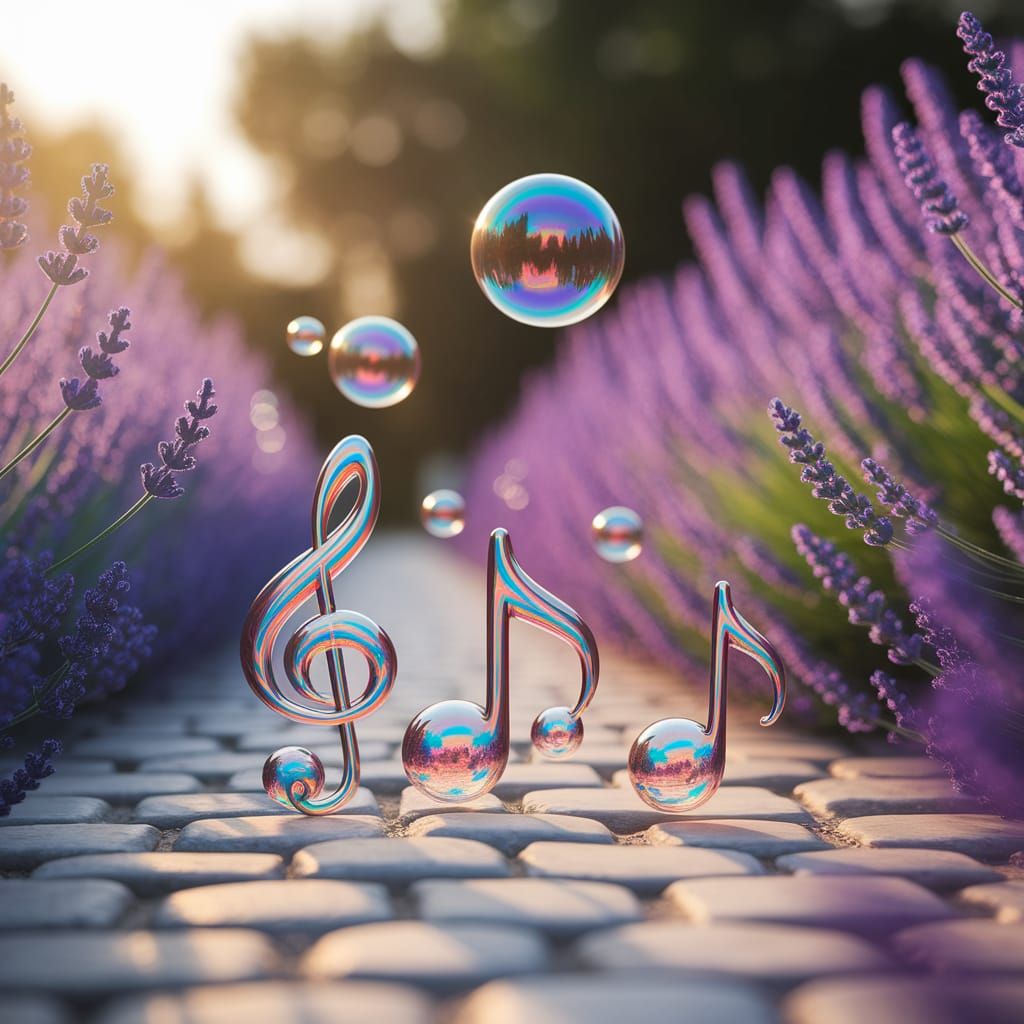 Iridescent Musical Note Soap Bubbles in Golden Hour Light