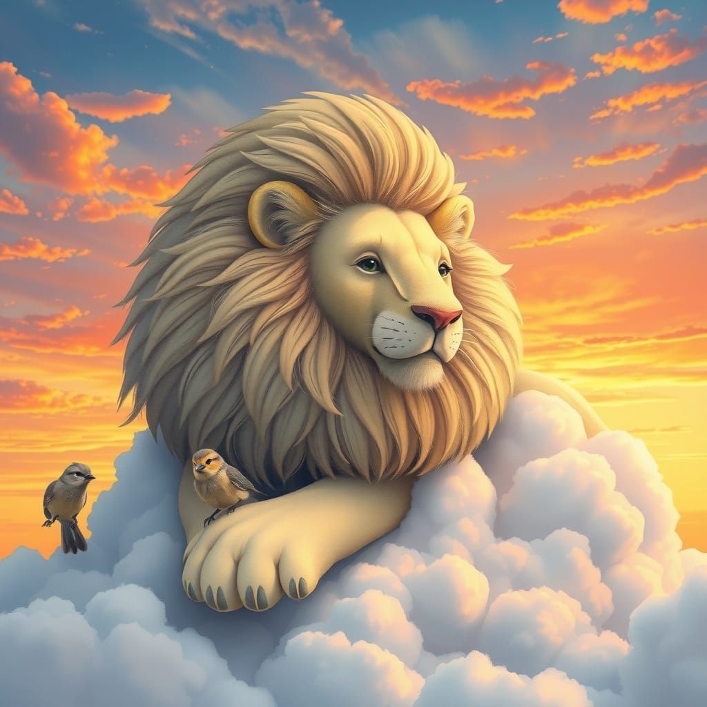 Imagine a colossal lion made of clouds, lounging lazily acro...
