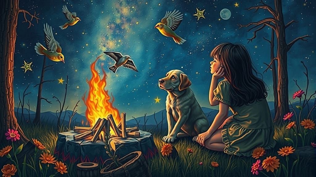 Fairytale Campfire Scene with Girl, Dogs and Vivid Stars