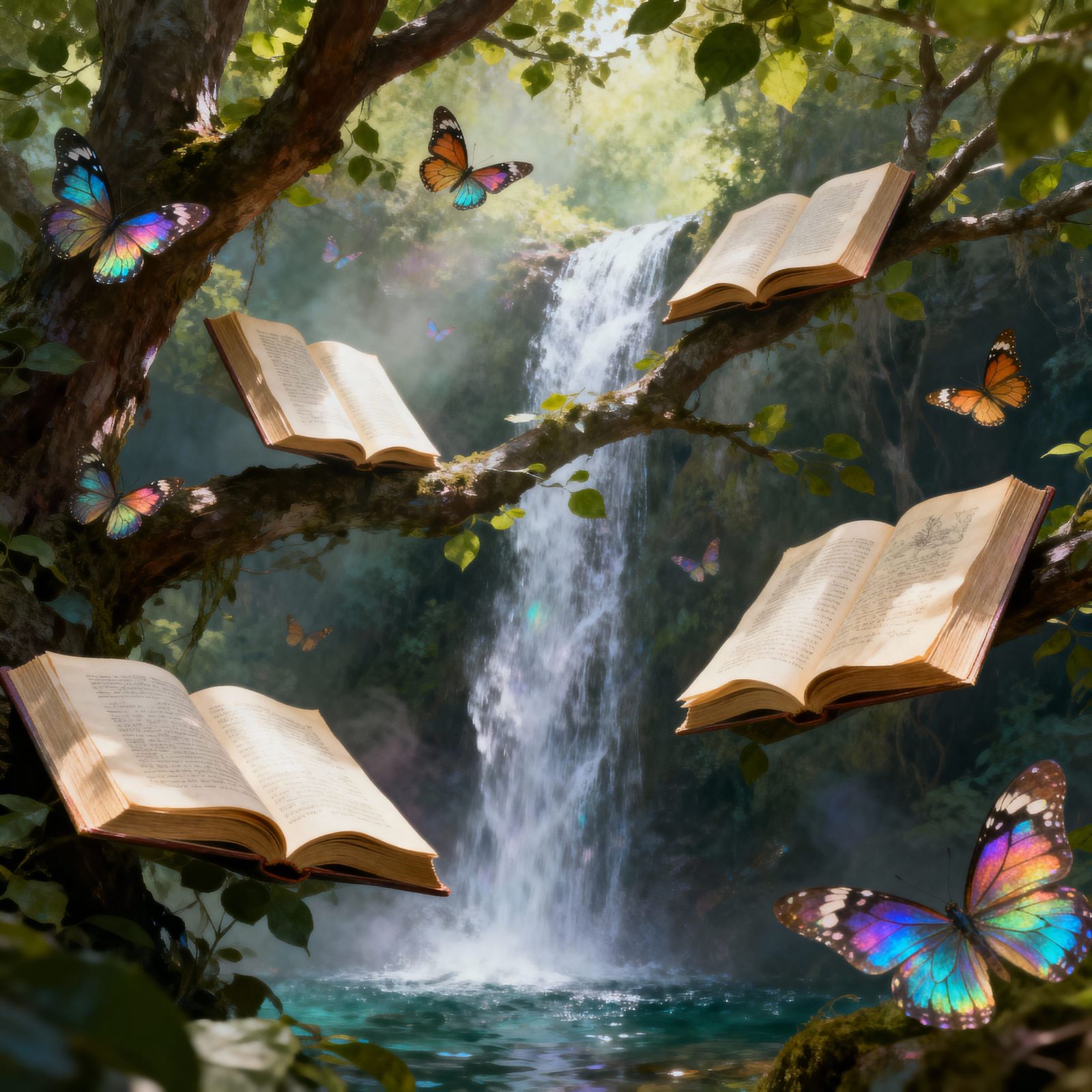 Surreal Masterpiece: Books, Trees, Waterfalls, Butterflies