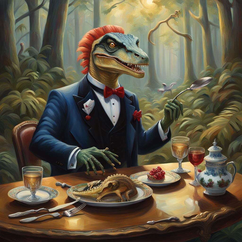 Dilophosaurus Dines on Velociraptor in Mystical Forest