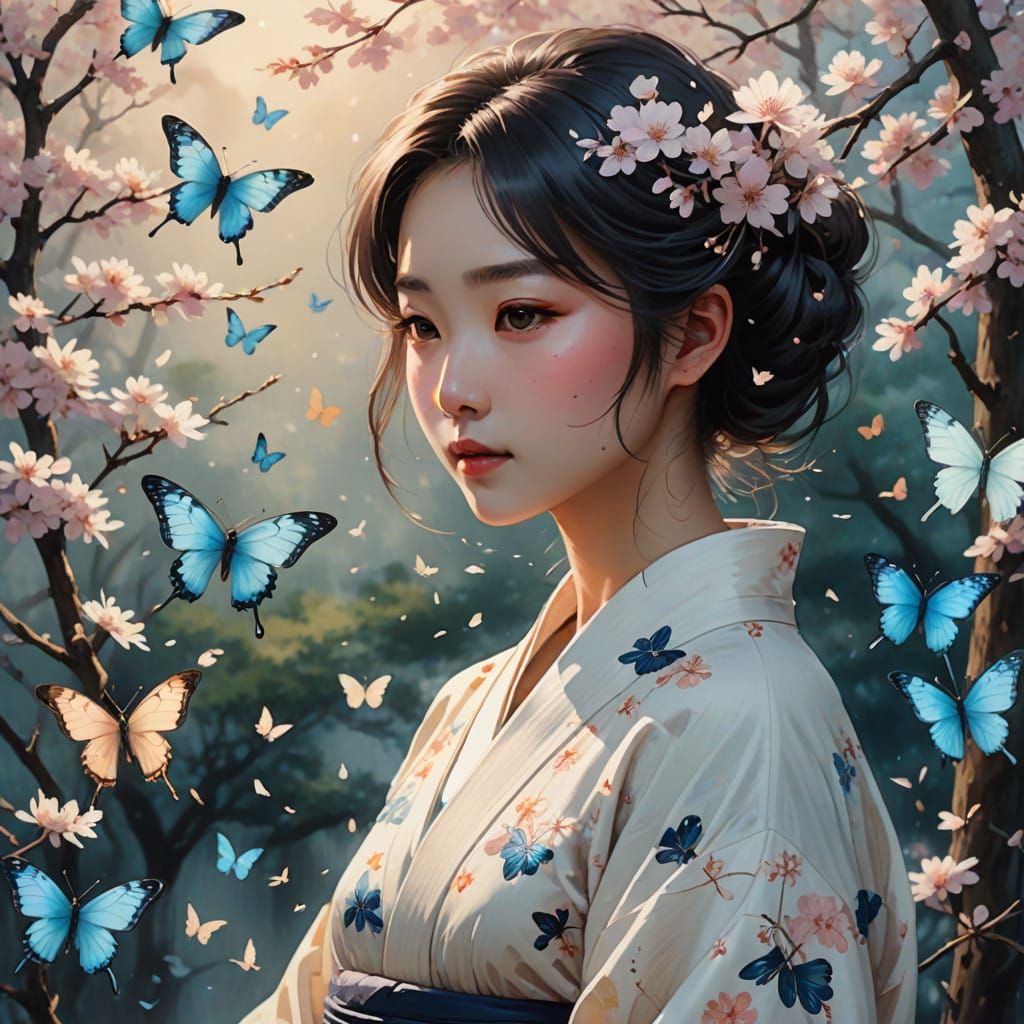 Woman Surrounded by Blue Butterflies in a Mystical Japanese....